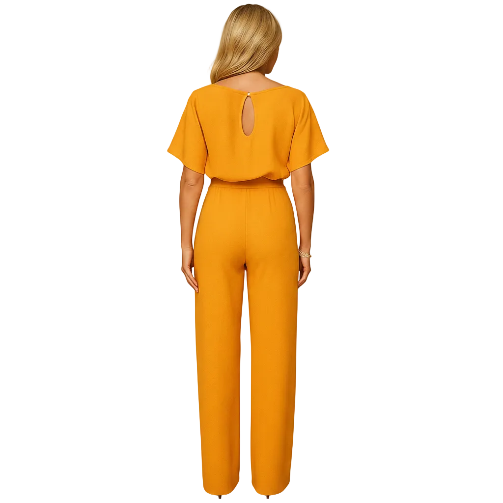 Side profile of black high-waist jumpsuit
