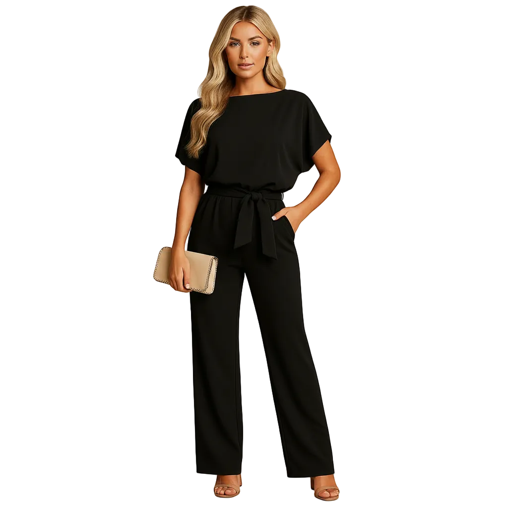Black high-waist jumpsuit with lace-up detail front view