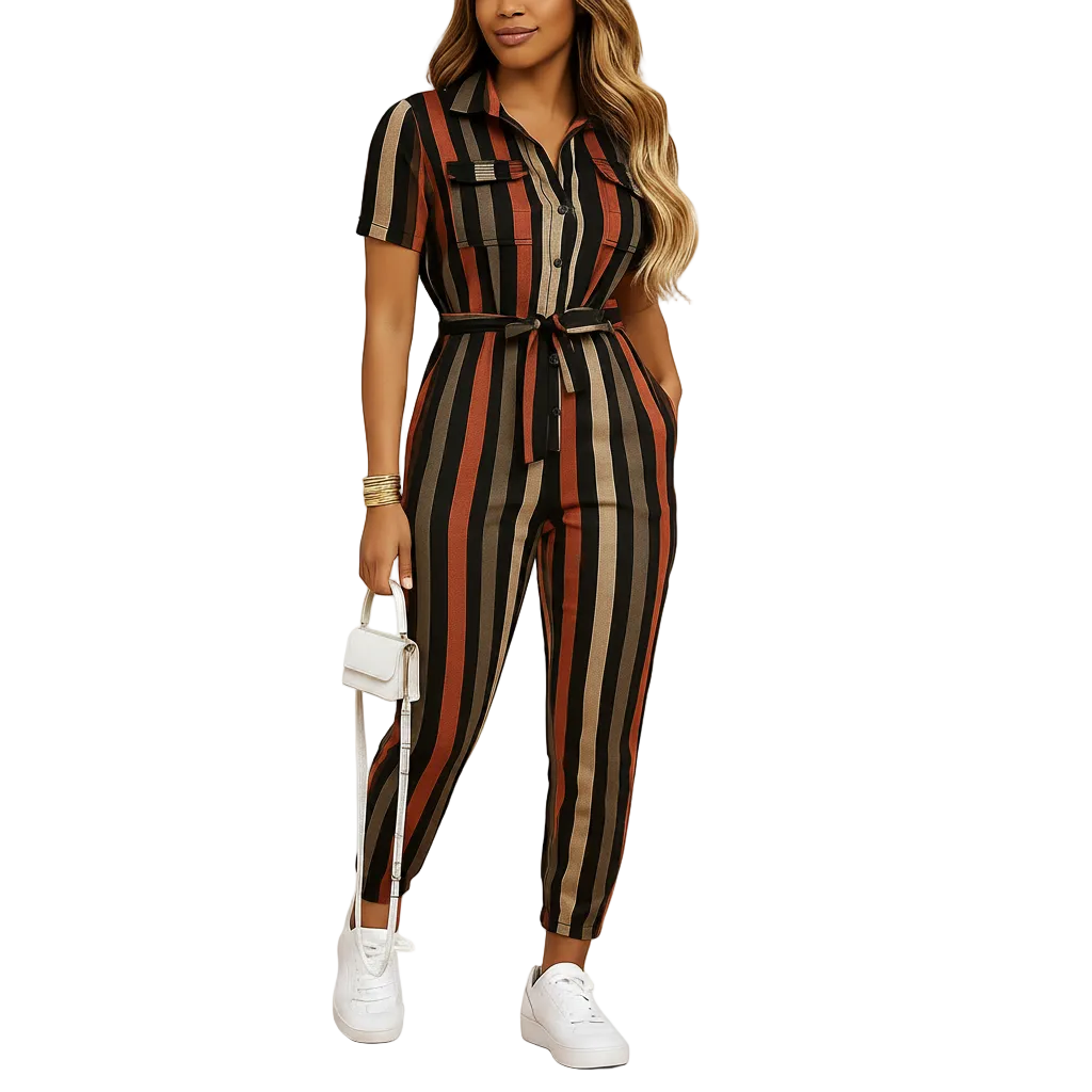 Side profile of tailored elegant jumpsuit
