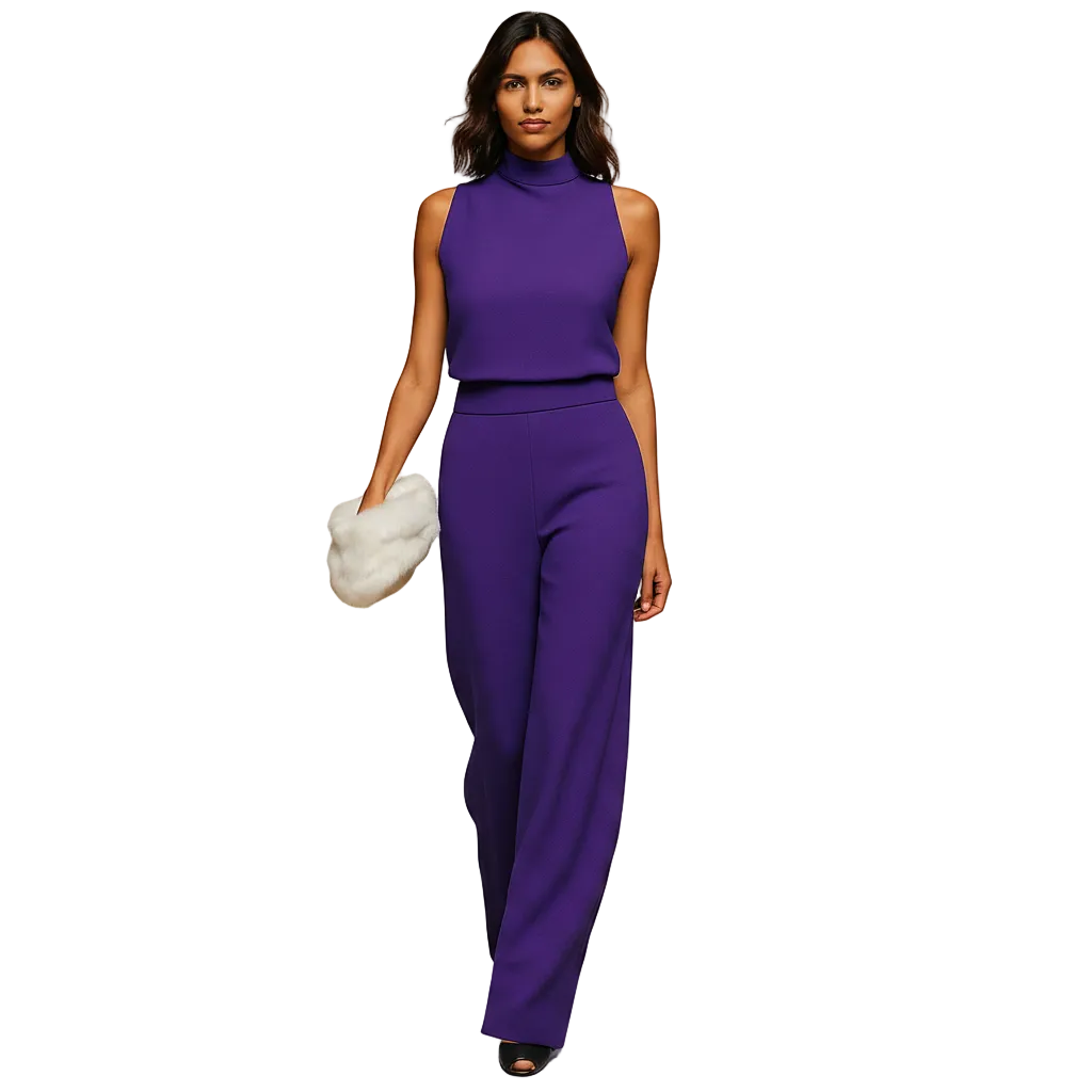Back view of full-length halter jumpsuit