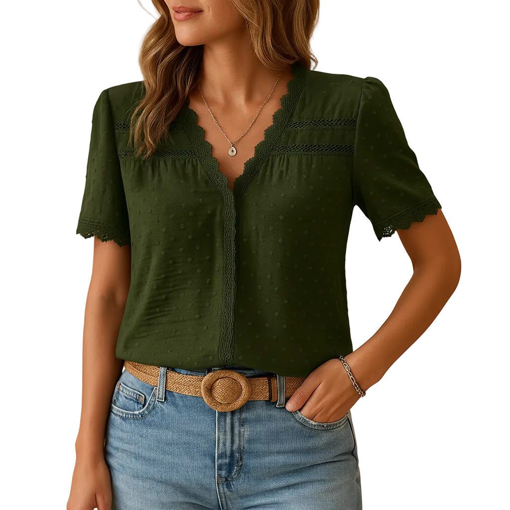 Green lace V-neck blouse front view