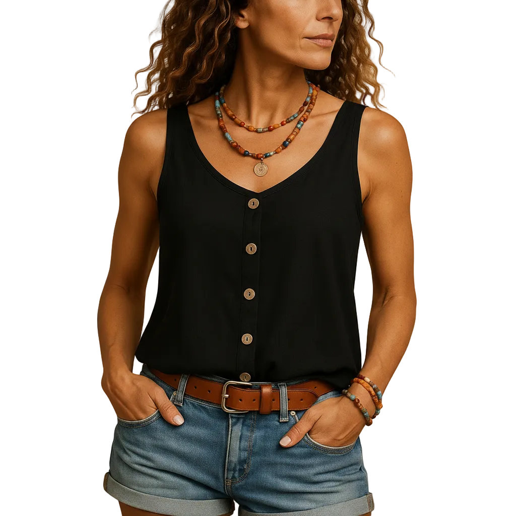 Side profile of green sleeveless blouse