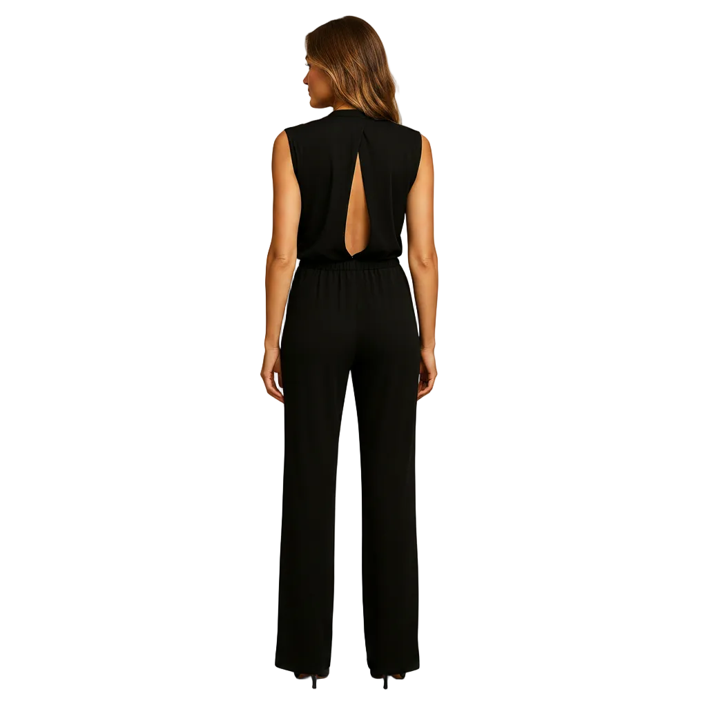Halter jumpsuit styled for an evening occasion