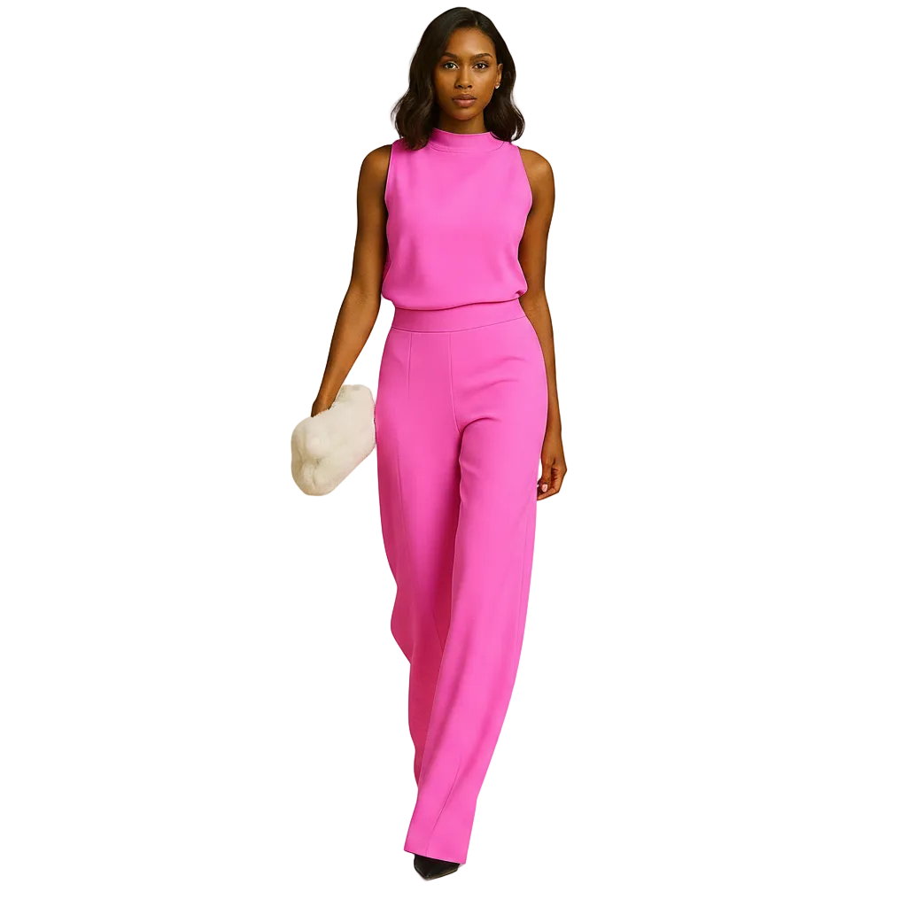 Side profile of sleeveless high-waist jumpsuit