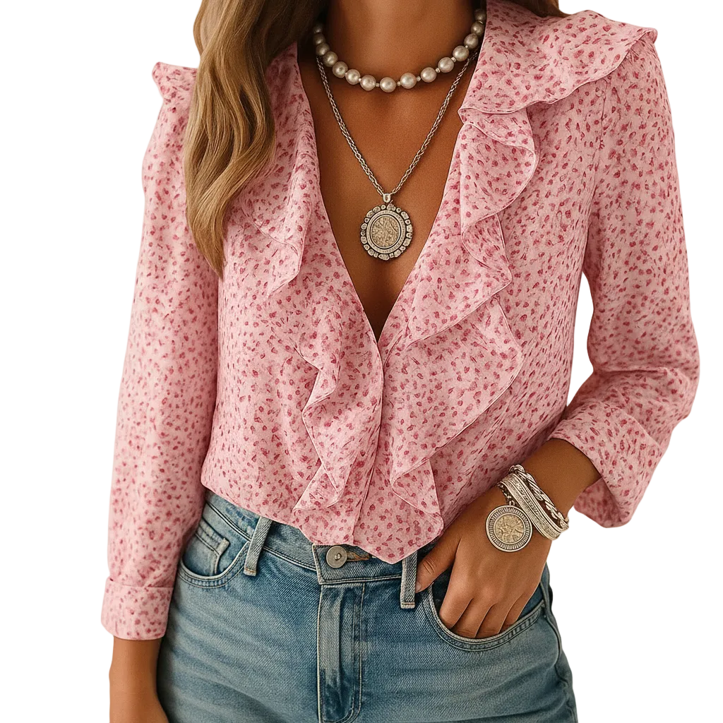 Side profile of orange butterfly print blouse