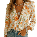 Orange butterfly print blouse with ruffle details front view