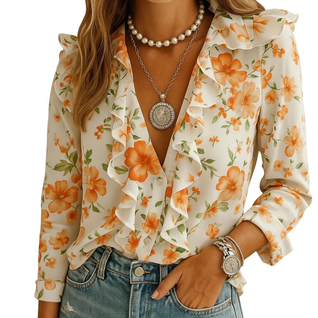 Orange butterfly print blouse with ruffle details front view