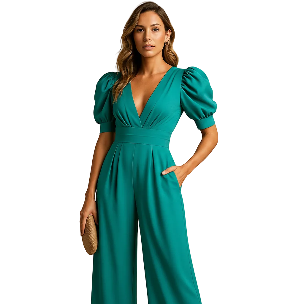Side profile of peach tailored jumpsuit
