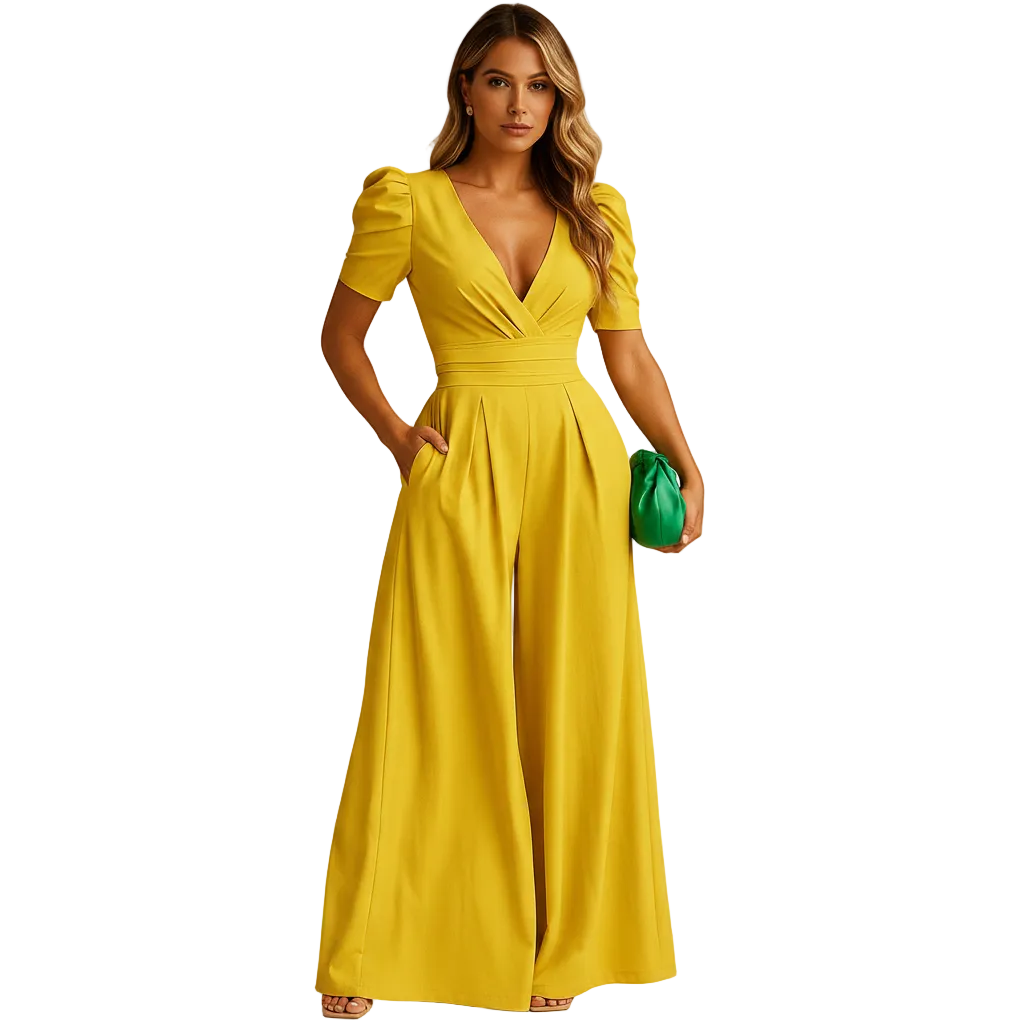 Peach long jumpsuit styled for formal occasions