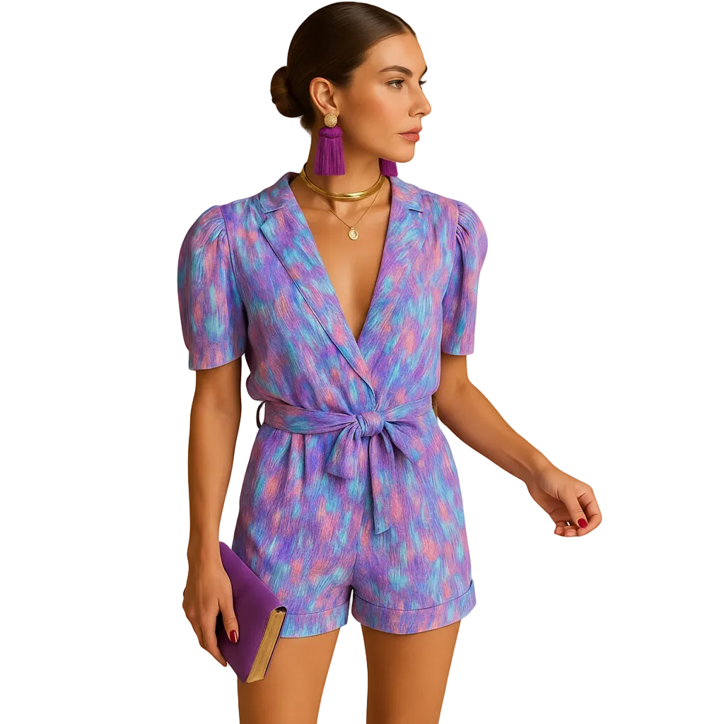 Pink printed jumpsuit styled for warm-weather wear
