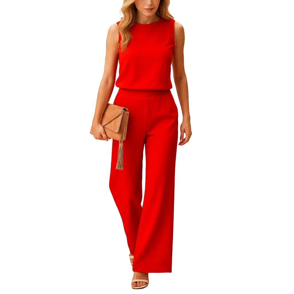 Pink round neck jumpsuit styled for an event