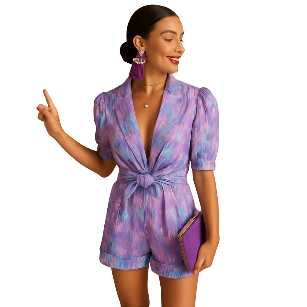 Side profile of pink belted jumpsuit