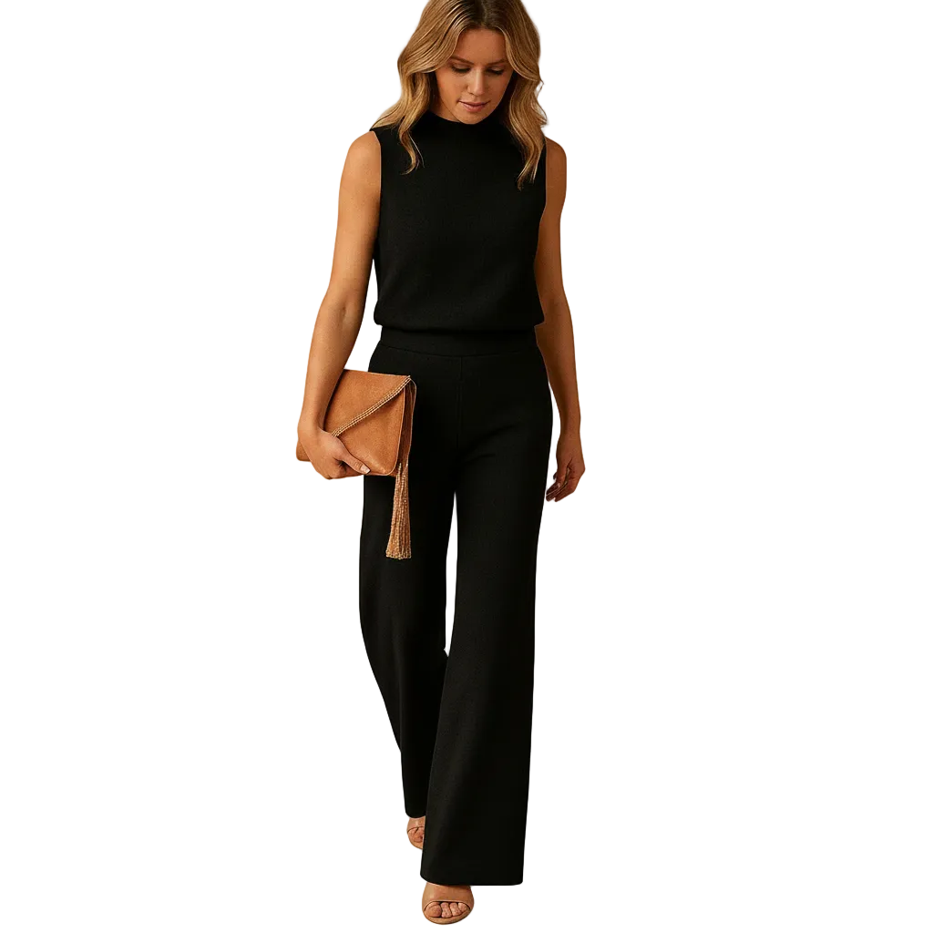 Pink wide-leg jumpsuit with round neckline front view