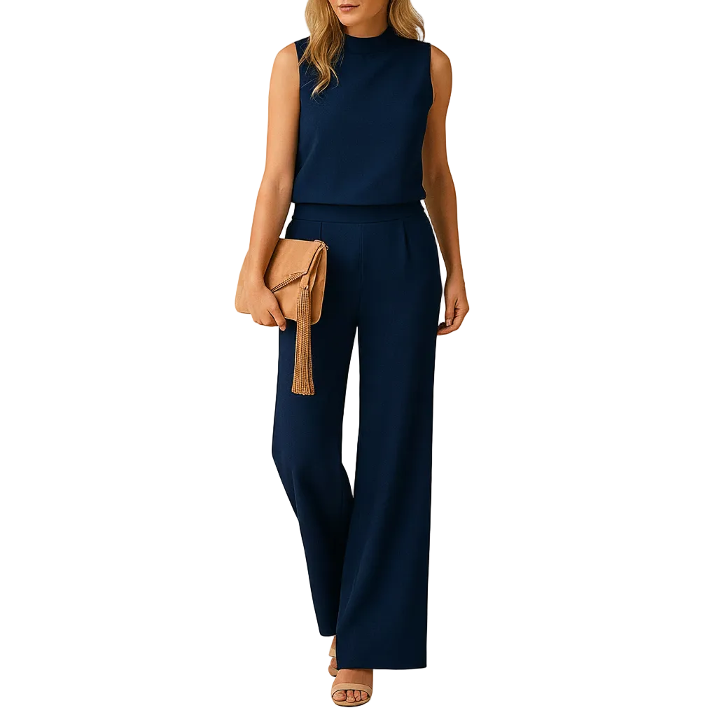 Side profile of pink wide-leg jumpsuit