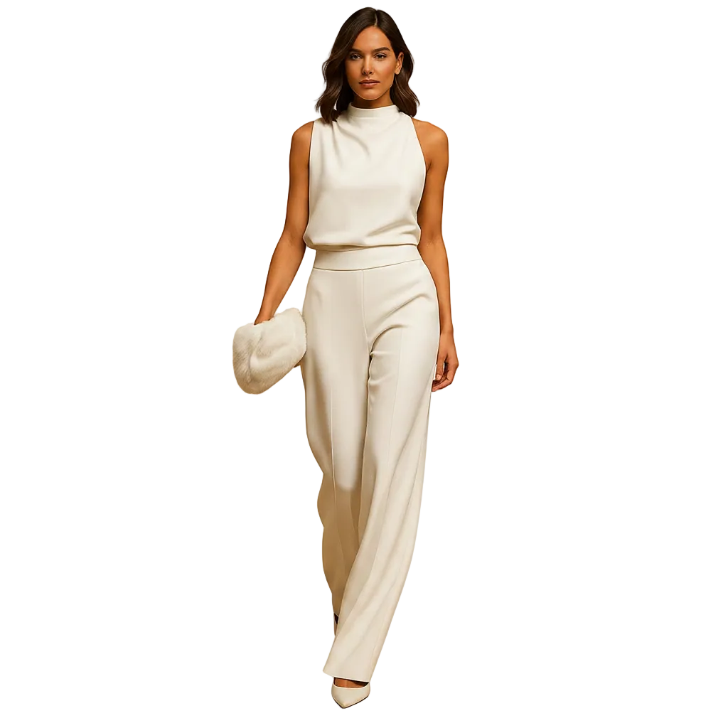 Front display of sleeveless wide-leg jumpsuit