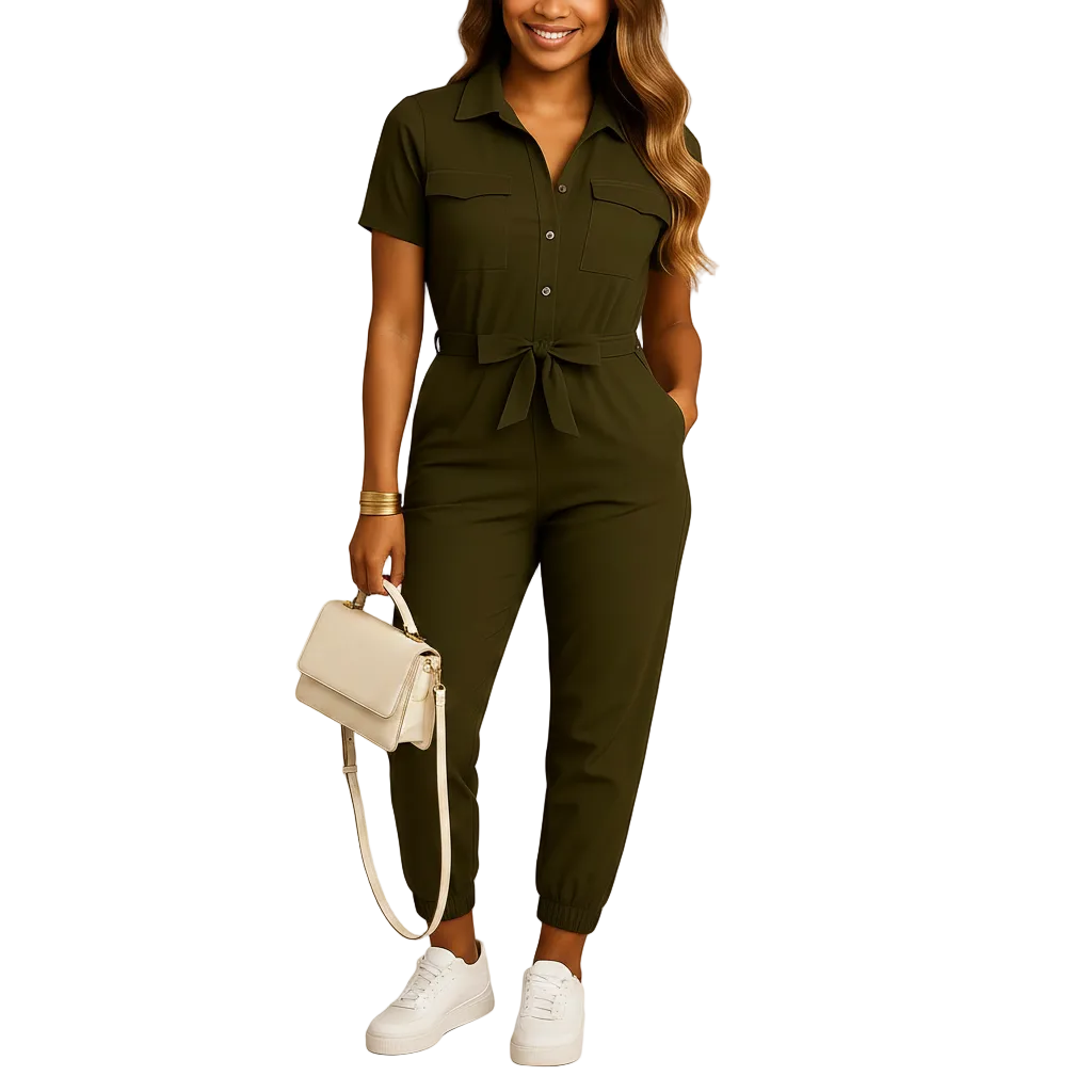 Tailored button-front jumpsuit front view