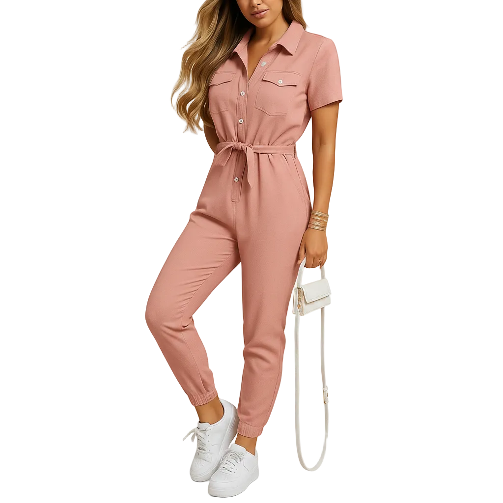Tailored jumpsuit for women with button closure and flattering silhouette, perfect for work, social events, and elegant dinners.