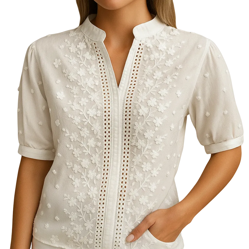 Close-up of collar and button details on white blouse
